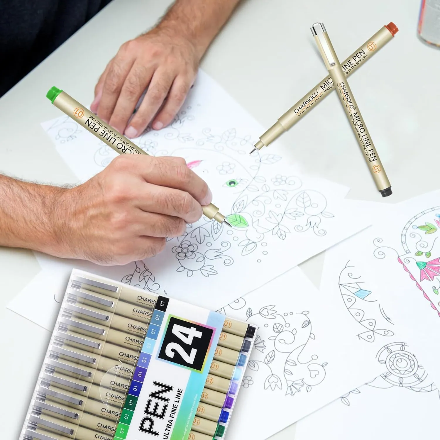 01 Micro Pen, Fine Point Pen with 24 Colors, Waterproof Archival Ink, 0.25mm Fineliner Ink Pens for Artist Illustration, Sketching, Anime, Manga, Technical Drawing and Scrapbooking