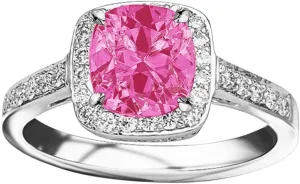 0.73 Carat t.w 14K White Gold Classic Square Halo Single Row Pave Set Diamond Engaement Ring w/a 0.5 Carat Cushion Cut Pink Sapphire Heirloom Quality