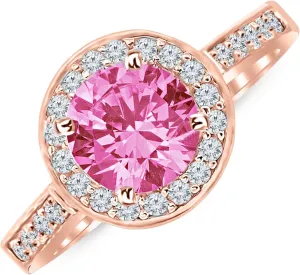 0.85 Carat 14K White Gold Graduating Classic Halo Prong And Pave-set Round Diamond Engagement Ring with a 0.5 Carat Natural Pink Sapphire Center (Heirloom Quality)