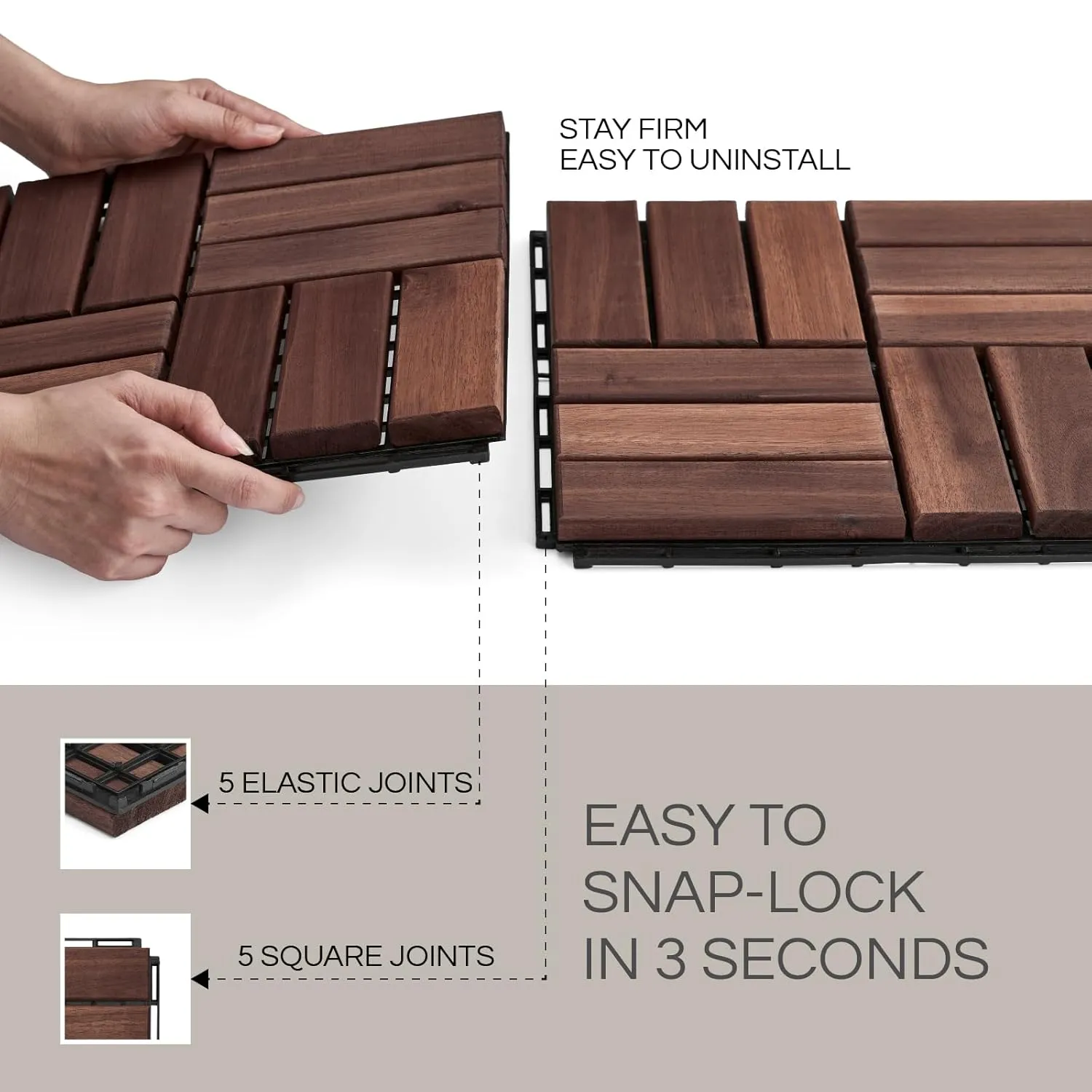 10 Pcs Interlocking Deck Tiles, Patio Flooring - Outdoor Waterproof Acacia Wood Tiles for All Weather Use - Balcony, Backyard, Indoor & Outdoor (Dark Brown, 10 Pcs - 12.1 Square Ft)