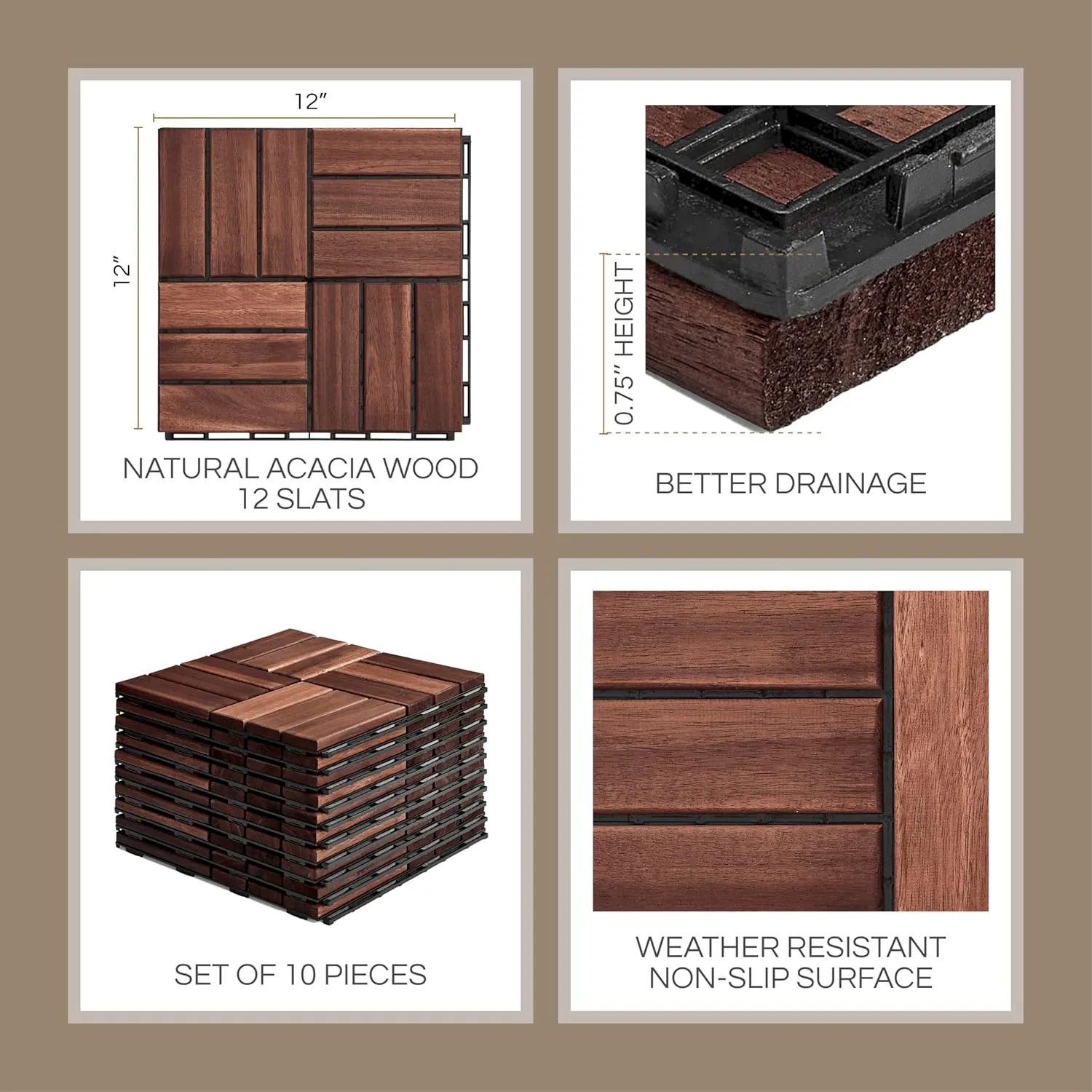 10 Pcs Interlocking Deck Tiles, Patio Flooring - Outdoor Waterproof Acacia Wood Tiles for All Weather Use - Balcony, Backyard, Indoor & Outdoor (Dark Brown, 10 Pcs - 12.1 Square Ft)