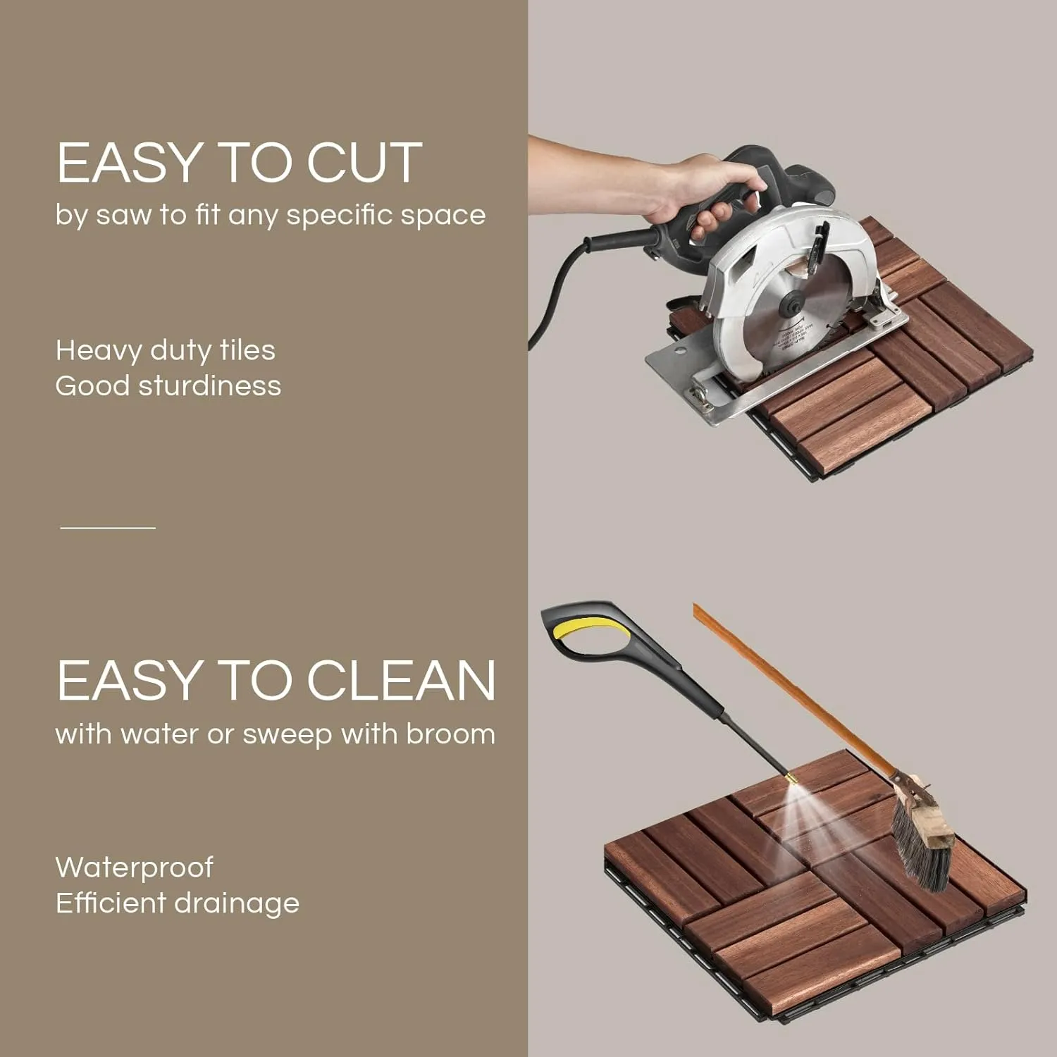 10 Pcs Interlocking Deck Tiles, Patio Flooring - Outdoor Waterproof Acacia Wood Tiles for All Weather Use - Balcony, Backyard, Indoor & Outdoor (Dark Brown, 10 Pcs - 12.1 Square Ft)