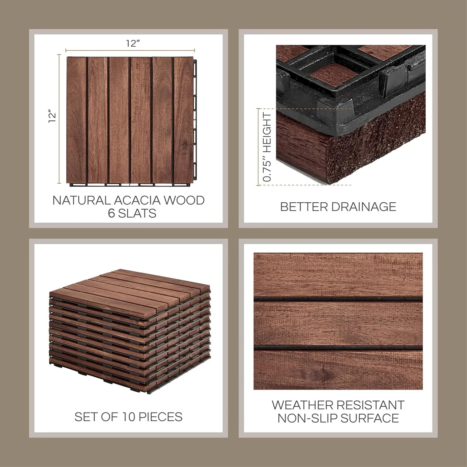 10 Pcs Interlocking Deck Tiles, Waterproof Acacia Wood Patio Flooring for Balcony & Outdoor Use (Dark Brown - Normal Base, 10 Pcs - 12.1 Square Ft)