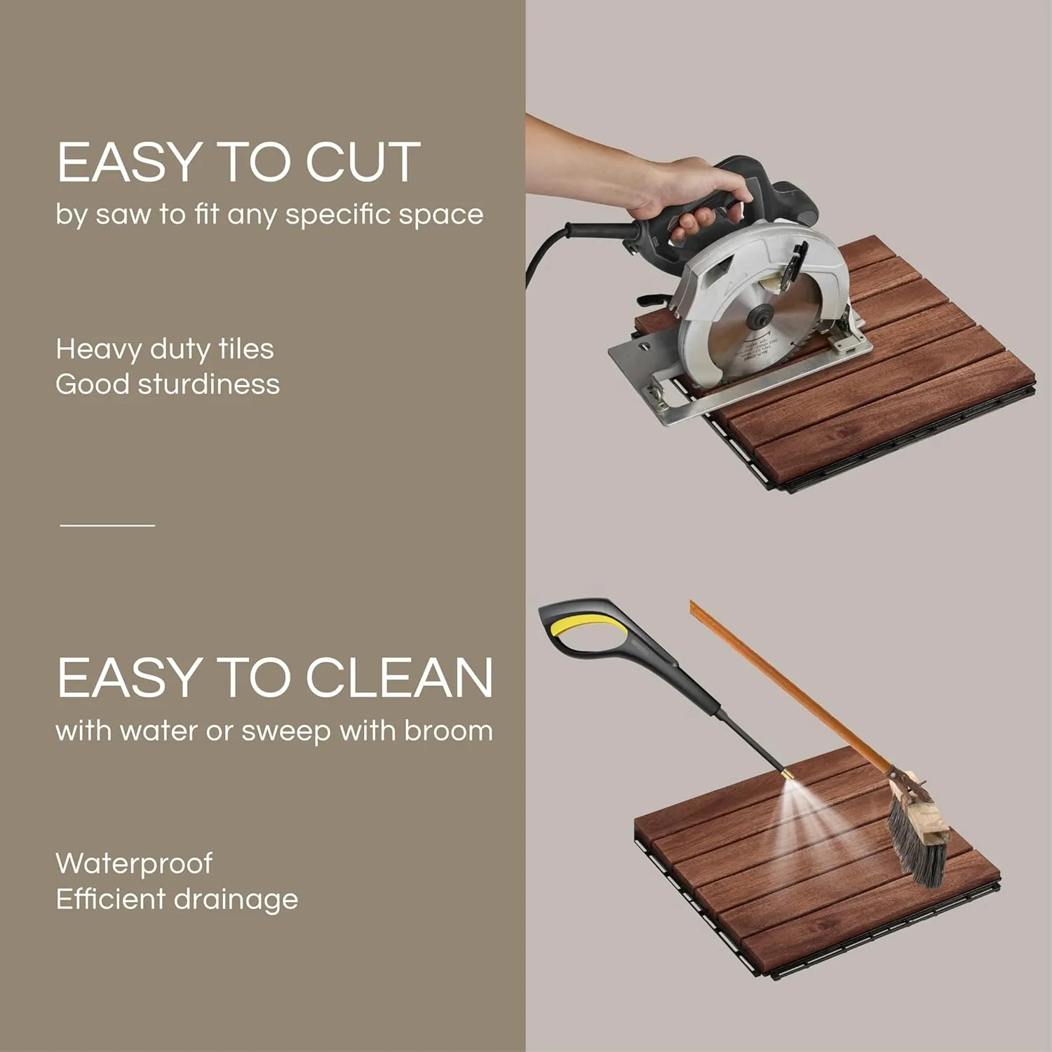 10 Pcs Interlocking Deck Tiles, Waterproof Acacia Wood Patio Flooring for Balcony & Outdoor Use (Dark Brown - Normal Base, 10 Pcs - 12.1 Square Ft)