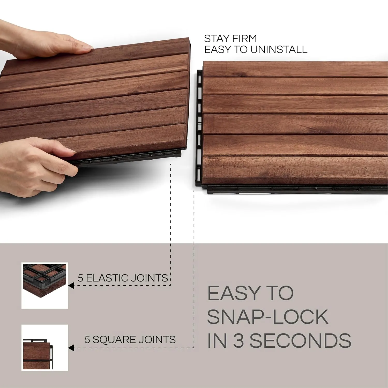 10 Pcs Interlocking Deck Tiles, Waterproof Acacia Wood Patio Flooring for Balcony & Outdoor Use (Dark Brown - Normal Base, 10 Pcs - 12.1 Square Ft)