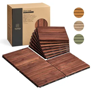 10 Pcs Interlocking Deck Tiles, Waterproof Acacia Wood Patio Flooring for Balcony & Outdoor Use (Dark Brown - Normal Base, 10 Pcs - 12.1 Square Ft)