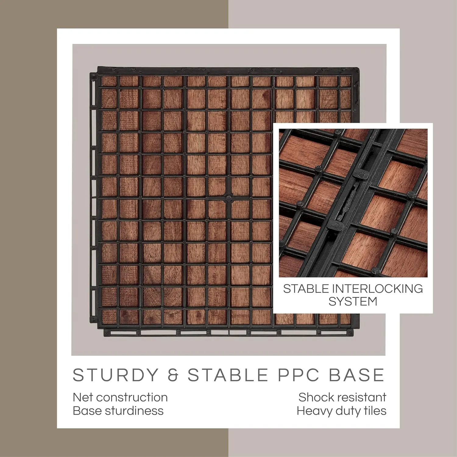 10 Pcs Interlocking Deck Tiles, Waterproof Acacia Wood Patio Flooring for Balcony & Outdoor Use (Dark Brown - Normal Base, 10 Pcs - 12.1 Square Ft)