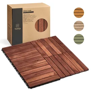 10 Pcs Premium Acacia Deck Tiles, Interlocking Floor Decking, Water-Resistant for Indoor & Outdoor Use, Balcony Flooring with Stripe Pattern, Square Joint (Dark Brown)