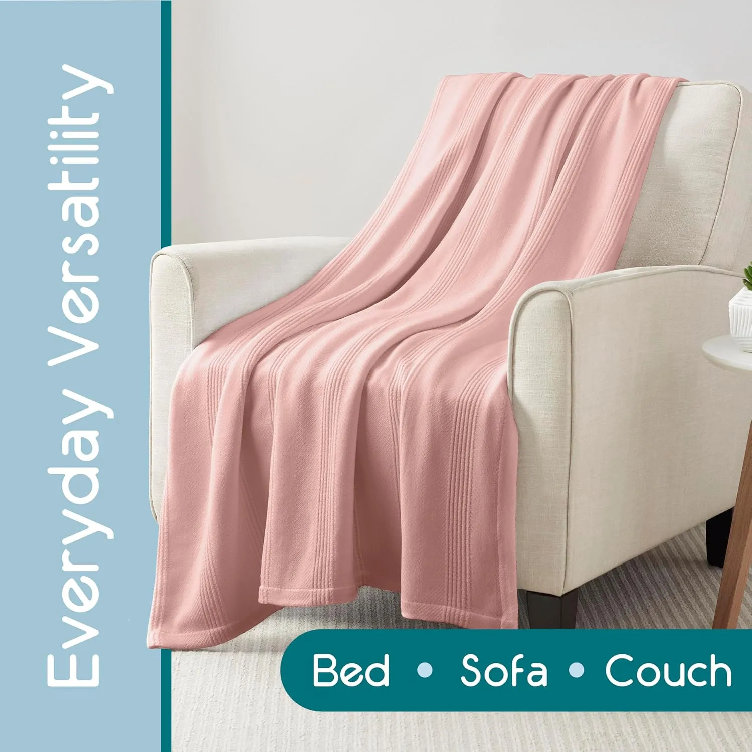 100% Cotton Twin Size Blanket | Super Soft Breathable Lightweight Throw | All-Season Knit Blanket | Luxury Hotel Style | Easy Care Pink Clay