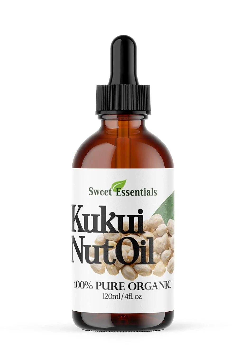 100% Organic Kukui Nut Oil | Imported From Hawaii | Various Sizes | 100% Pure | Cold-Pressed | Natural Moisturizer for Skin, Hair and Face | By Sweet Essentials (4 fl oz Glass Bottle With Dropper)