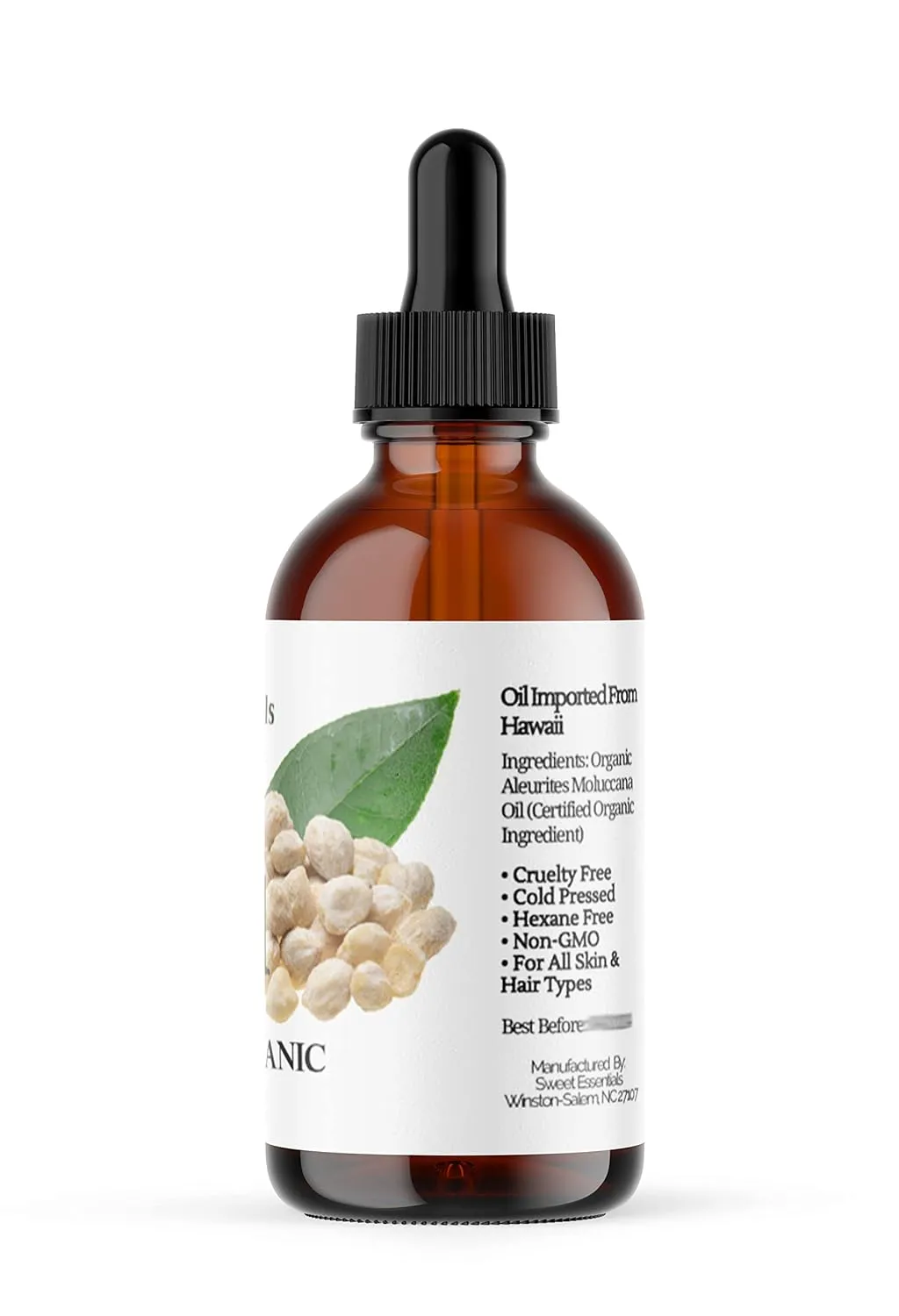 100% Organic Kukui Nut Oil | Imported From Hawaii | Various Sizes | 100% Pure | Cold-Pressed | Natural Moisturizer for Skin, Hair and Face | By Sweet Essentials (4 fl oz Glass Bottle With Dropper)