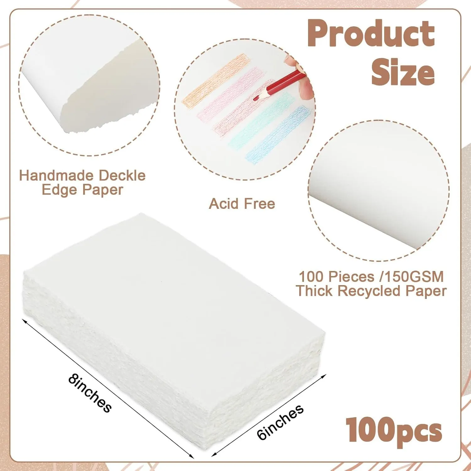 100 Sheets Watercolor Paper 6 x 8 inch, 150 GSM White Deckled Edge Paper Rough/Textured Handmade Cotton Paper for Watercolors, Drawing, Wedding Invitations, Cards, Crafts