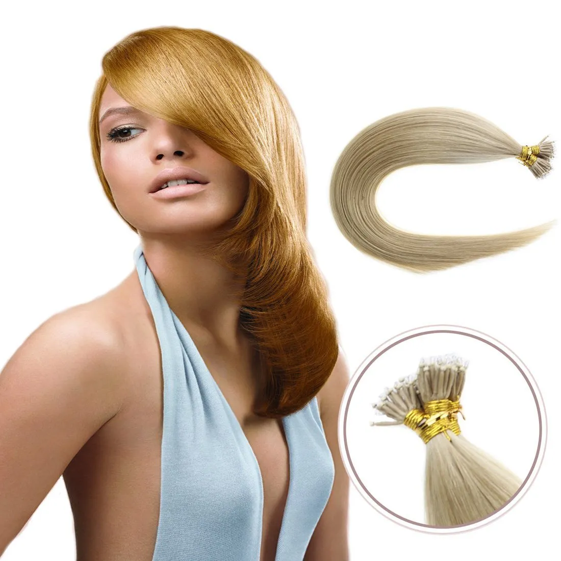 100Strands AAAAAAA Nano Ring Tip Straight Remy Human Hair Extensions (20" 0.5g/s, Golden Blonde)