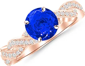 1.03 Carat 14K White Gold Twisting Designer Eternity Love Split Shank Diamond Engagement Ring With Milgrain with a 0.75 Carat Natural Blue Sapphire Center (Heirloom Quality)