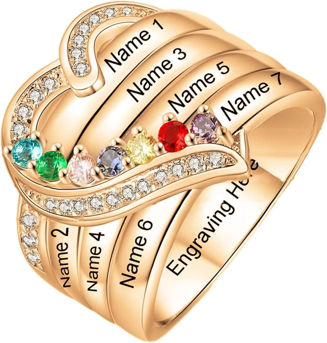 10K 14K 18K Solid Gold Natural Diamond Mother Ring with 7 Stones Personalized 7 Birthstones Ring Custom Real Gold Engraved Family Names Rings for Women Wife Mom Grandmother Birthday Mother's Day Gifts