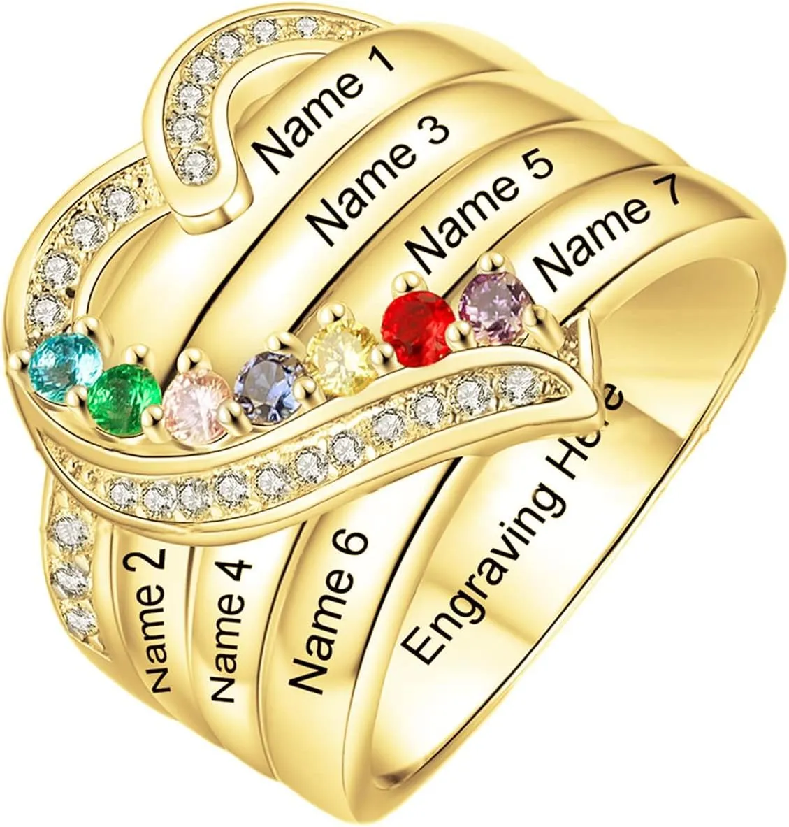 10K 14K 18K Solid Gold Natural Diamond Mother Ring with 7 Stones Personalized 7 Birthstones Ring Custom Real Gold Engraved Family Names Rings for Women Wife Mom Grandmother Birthday Mother's Day Gifts