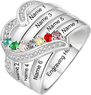 10K 14K 18K Solid Gold Natural Diamond Mother Ring with 7 Stones Personalized 7 Birthstones Ring Custom Real Gold Engraved Family Names Rings for Women Wife Mom Grandmother Birthday Mother's Day Gifts
