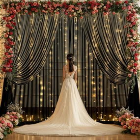 10x10ft Black Tulle Backdrop Curtain with Lights String for Wedding, Wrinkle Free Sheer Curtains with Lights for Baby Shower, Tulle Backdrops Drapes with Lights for Birthday Party (5 x 10ft,2 Panels)