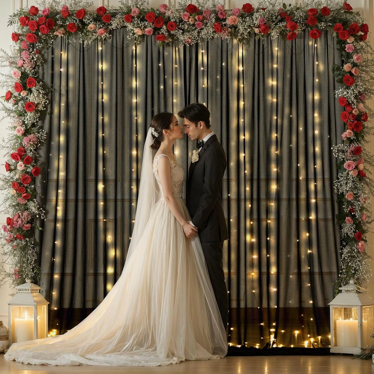 10x10ft Black Tulle Backdrop Curtain with Lights String for Wedding, Wrinkle Free Sheer Curtains with Lights for Baby Shower, Tulle Backdrops Drapes with Lights for Birthday Party (5 x 10ft,2 Panels)