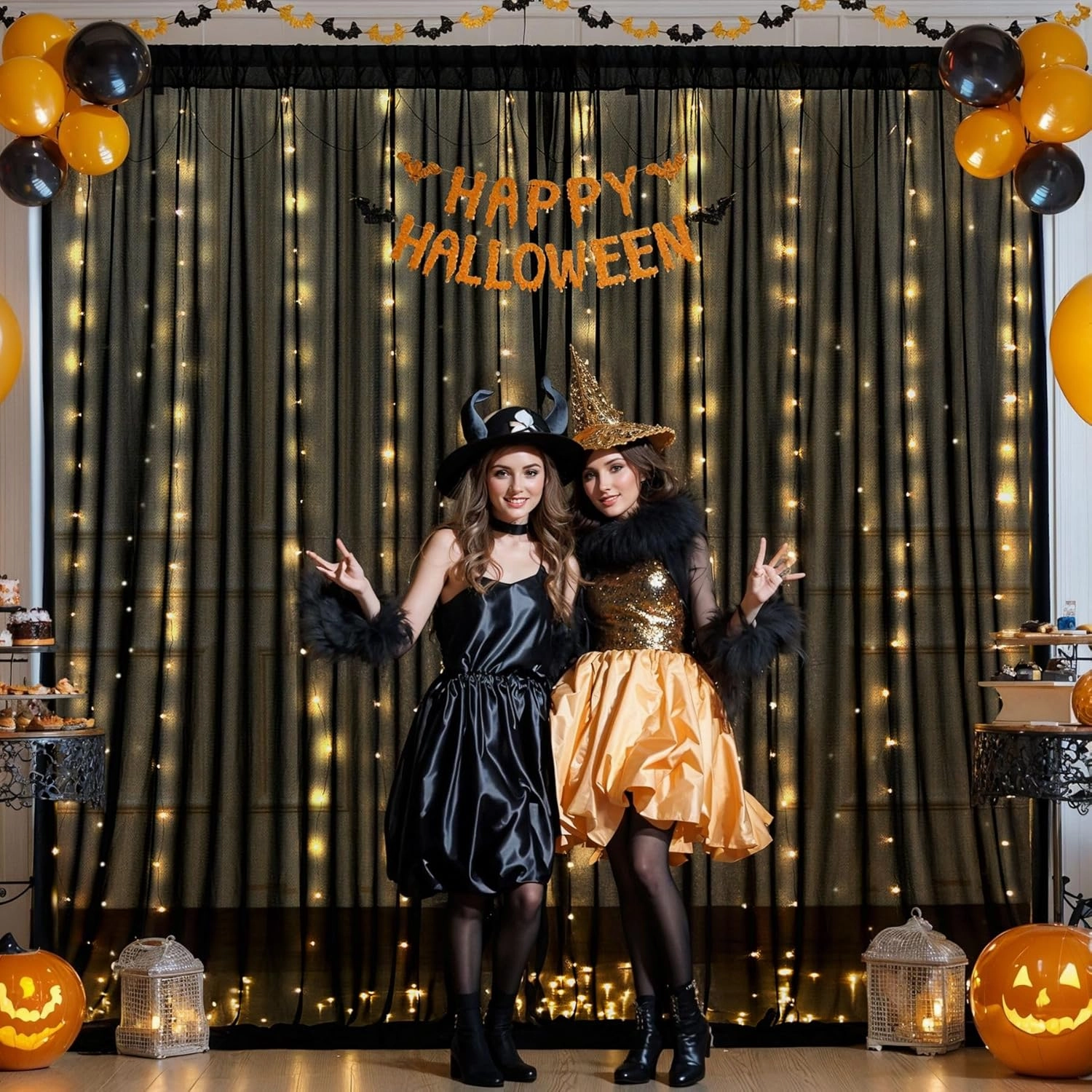 10x10ft Black Tulle Backdrop Curtain with Lights String for Wedding, Wrinkle Free Sheer Curtains with Lights for Baby Shower, Tulle Backdrops Drapes with Lights for Birthday Party (5 x 10ft,2 Panels)
