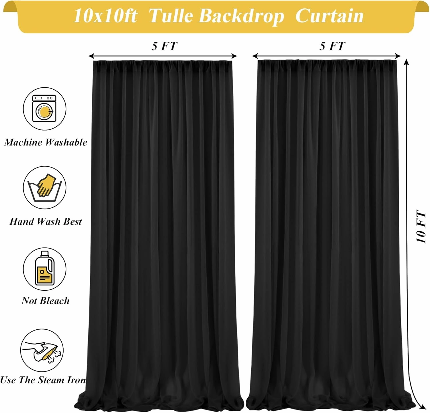10x10ft Black Tulle Backdrop Curtain with Lights String for Wedding, Wrinkle Free Sheer Curtains with Lights for Baby Shower, Tulle Backdrops Drapes with Lights for Birthday Party (5 x 10ft,2 Panels)