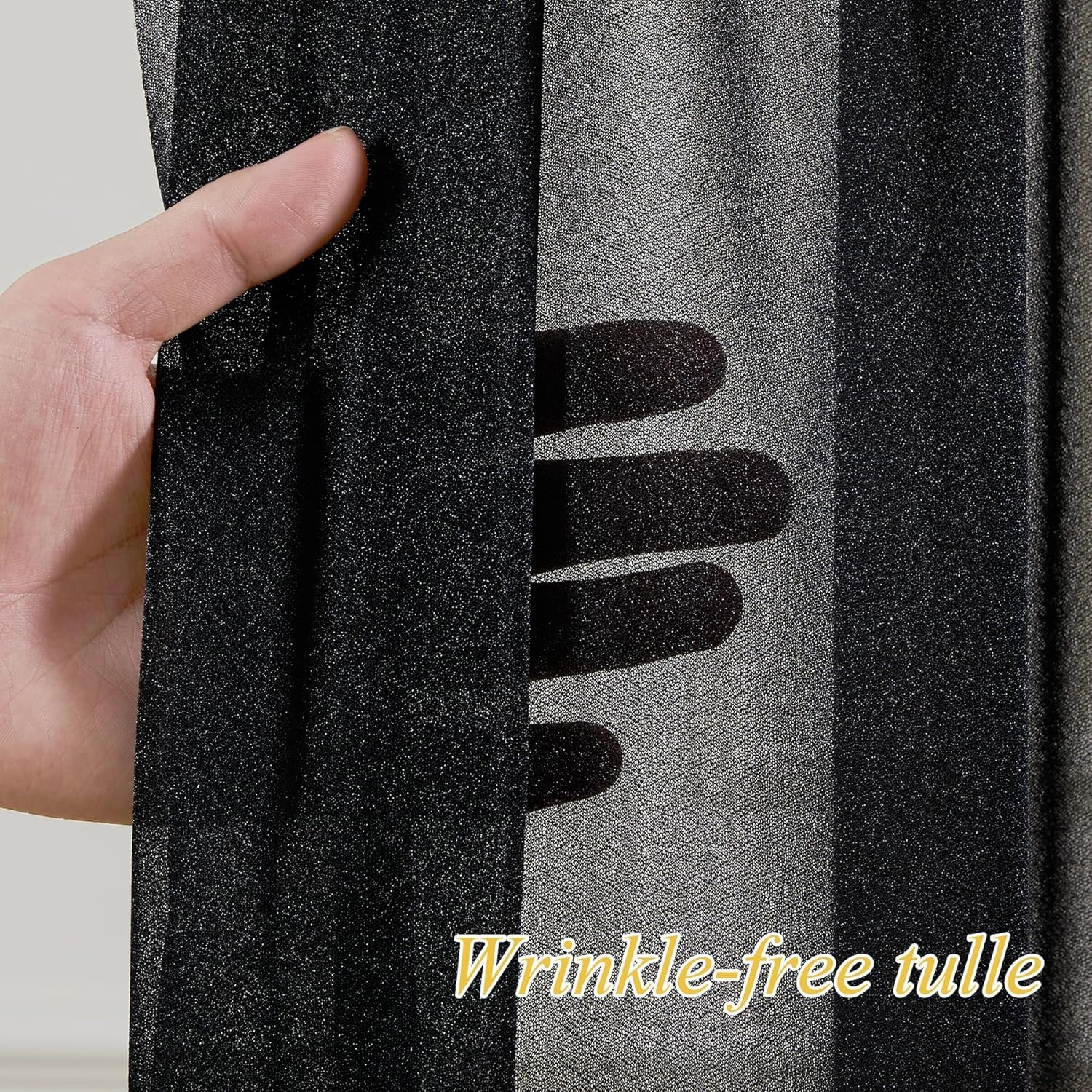 10x10ft Black Tulle Backdrop Curtain with Lights String for Wedding, Wrinkle Free Sheer Curtains with Lights for Baby Shower, Tulle Backdrops Drapes with Lights for Birthday Party (5 x 10ft,2 Panels)