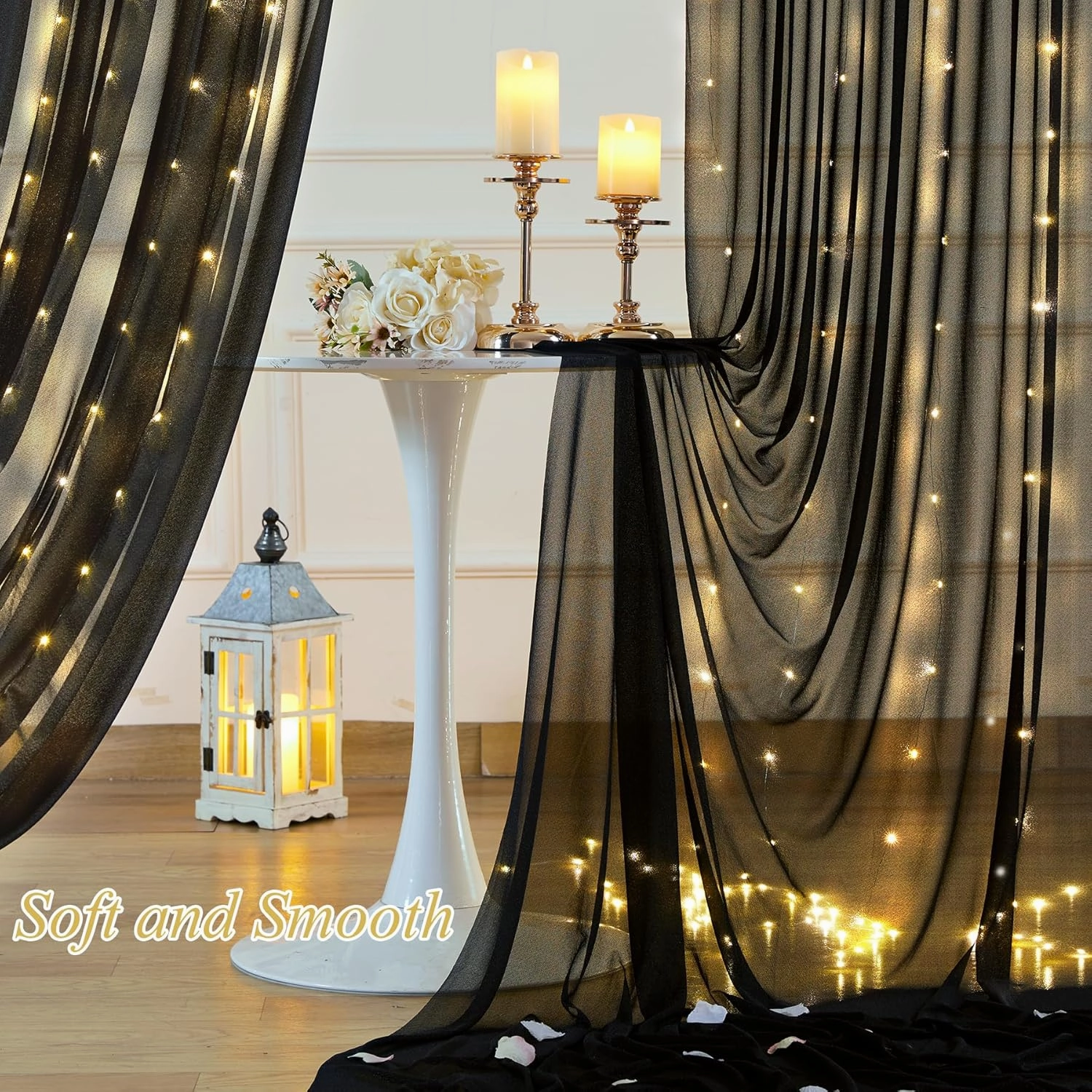 10x10ft Black Tulle Backdrop Curtain with Lights String for Wedding, Wrinkle Free Sheer Curtains with Lights for Baby Shower, Tulle Backdrops Drapes with Lights for Birthday Party (5 x 10ft,2 Panels)
