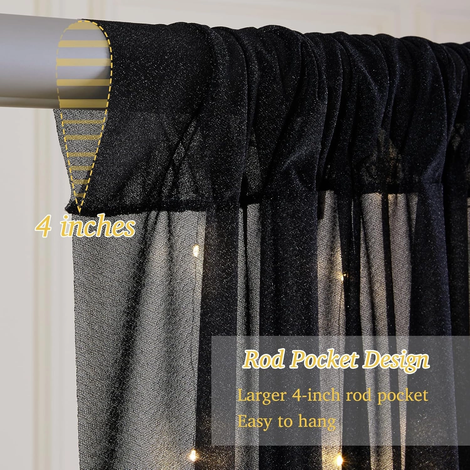 10x10ft Black Tulle Backdrop Curtain with Lights String for Wedding, Wrinkle Free Sheer Curtains with Lights for Baby Shower, Tulle Backdrops Drapes with Lights for Birthday Party (5 x 10ft,2 Panels)