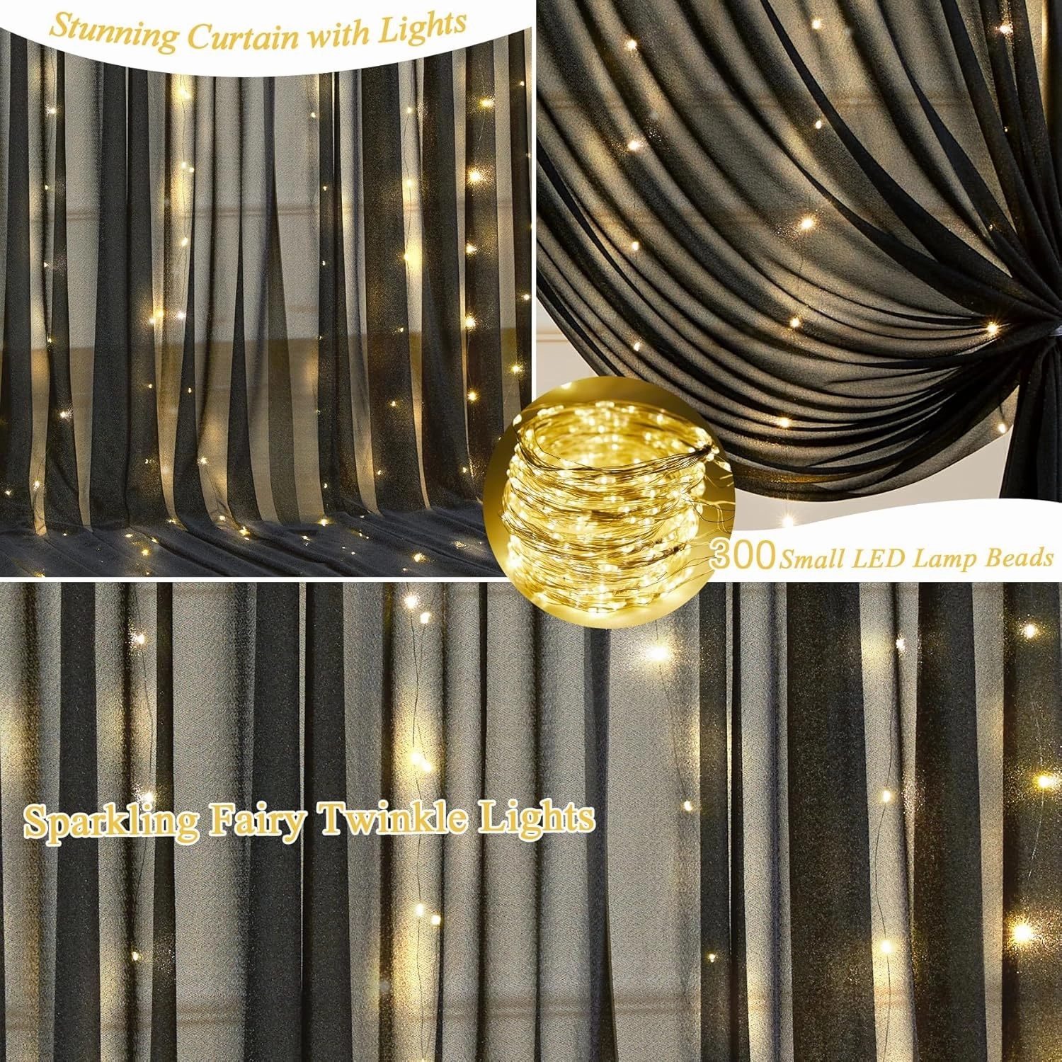 10x10ft Black Tulle Backdrop Curtain with Lights String for Wedding, Wrinkle Free Sheer Curtains with Lights for Baby Shower, Tulle Backdrops Drapes with Lights for Birthday Party (5 x 10ft,2 Panels)