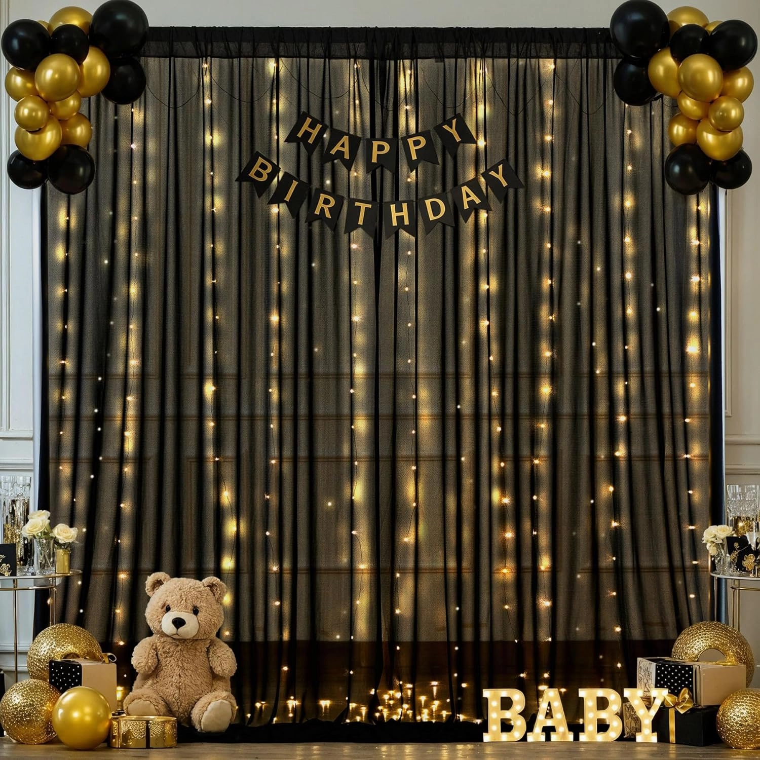 10x10ft Black Tulle Backdrop Curtain with Lights String for Wedding, Wrinkle Free Sheer Curtains with Lights for Baby Shower, Tulle Backdrops Drapes with Lights for Birthday Party (5 x 10ft,2 Panels)