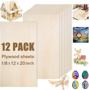 12 Pack Basswood Sheets 12"x20"x1/8" for Crafts - 3mm Unfinished Wood Plywood Crafts, Ideal for DIY Ornaments, Drawing, Painting, Engraving, Staining, Model Carving, Burning, Laser Cutting