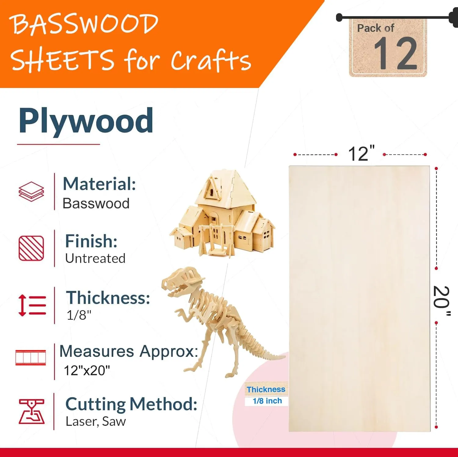 12 Pack Basswood Sheets 12"x20"x1/8" for Crafts - 3mm Unfinished Wood Plywood Crafts, Ideal for DIY Ornaments, Drawing, Painting, Engraving, Staining, Model Carving, Burning, Laser Cutting