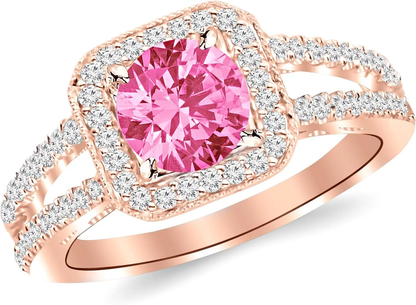 1.22 Carat 14K White Gold Designer Split Shank Halo Style With Milgrain Diamond Engagement Ring with a 0.75 Carat Natural Pink Sapphire Center (Heirloom Quality)