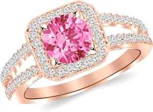 1.22 Carat 14K White Gold Designer Split Shank Halo Style With Milgrain Diamond Engagement Ring with a 0.75 Carat Natural Pink Sapphire Center (Heirloom Quality)