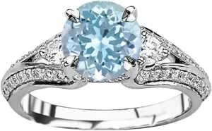 1.25 Carat t.w 14K White Gold Bostonian Three 3 Stone Split Shank Diamond Engagement Ring w/a 0.75 Carat Round Cut Blue Aquamarine Heirloom Quality