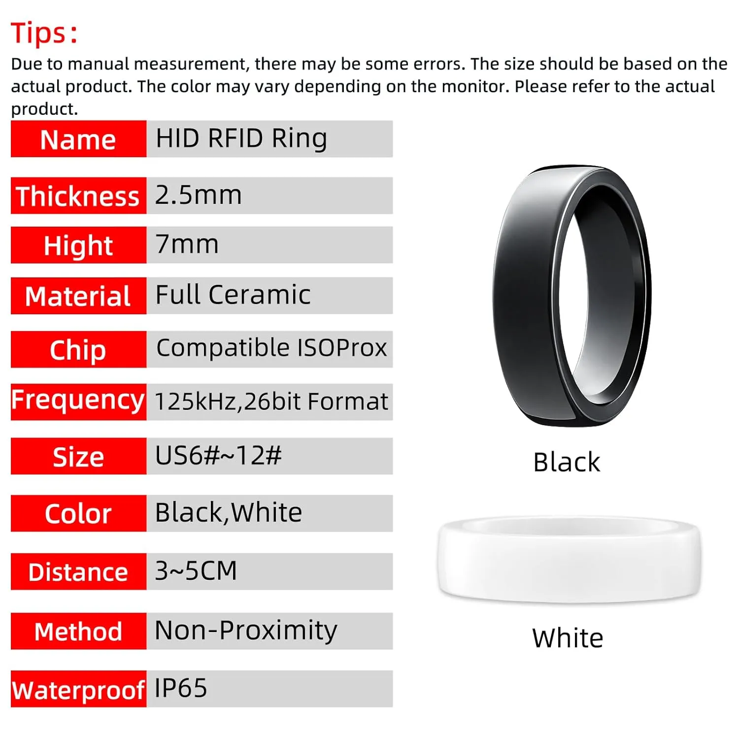 125kHz RFID Ring for HID ProxCard II Access Control Cards Proximity Compatible with 26 bit H10301 Format (White, US 12#)