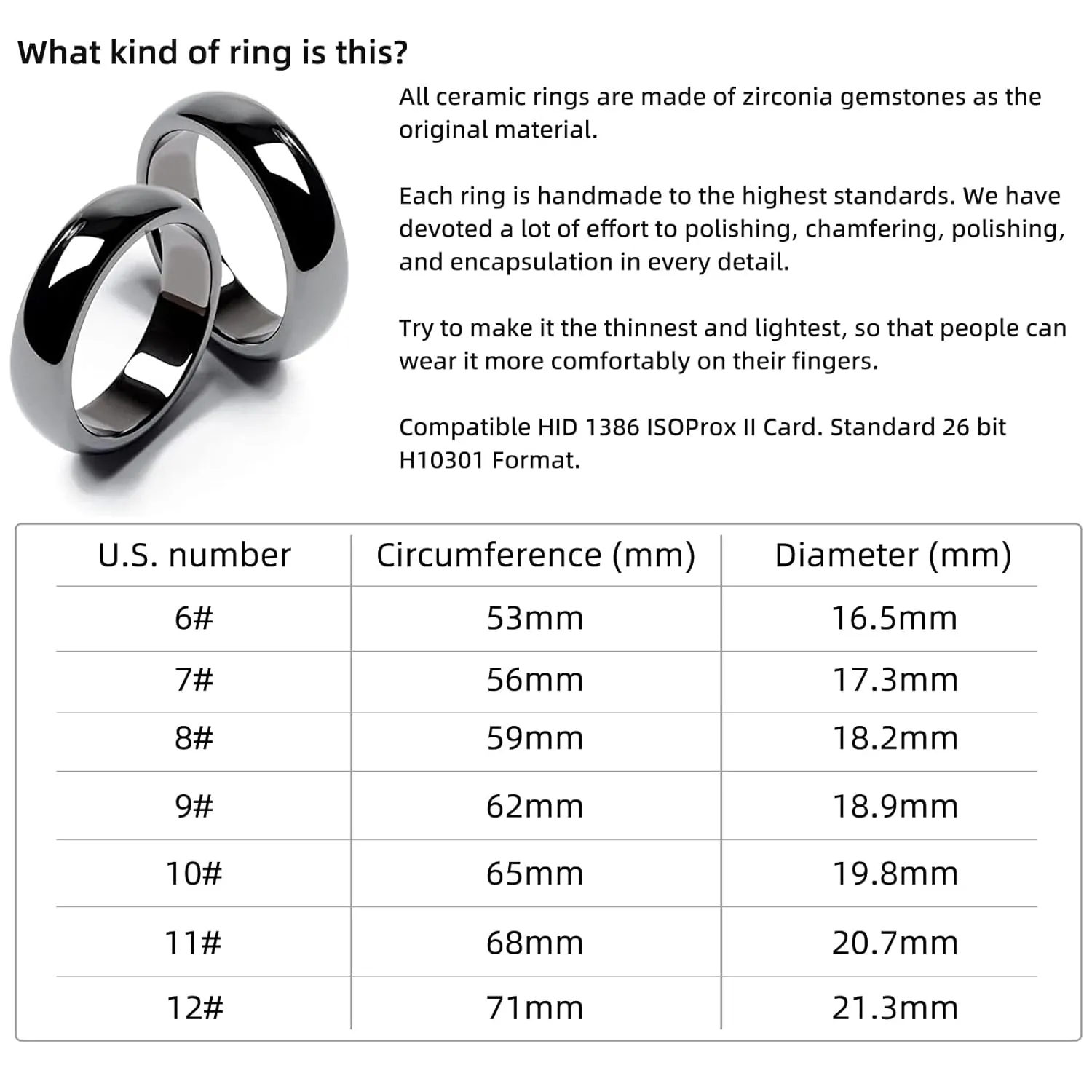 125kHz RFID Ring for HID ProxCard II Access Control Cards Proximity Compatible with 26 bit H10301 Format (White, US 12#)