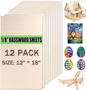 12 Pack Basswood Sheets 12"x18"x1/8" for Crafts - 3mm Unfinished Wood Plywood Crafts, Ideal for DIY Ornaments, Engraving, Staining, Model Carving, Burning, Laser Cutting,Balsa Wood Sheet