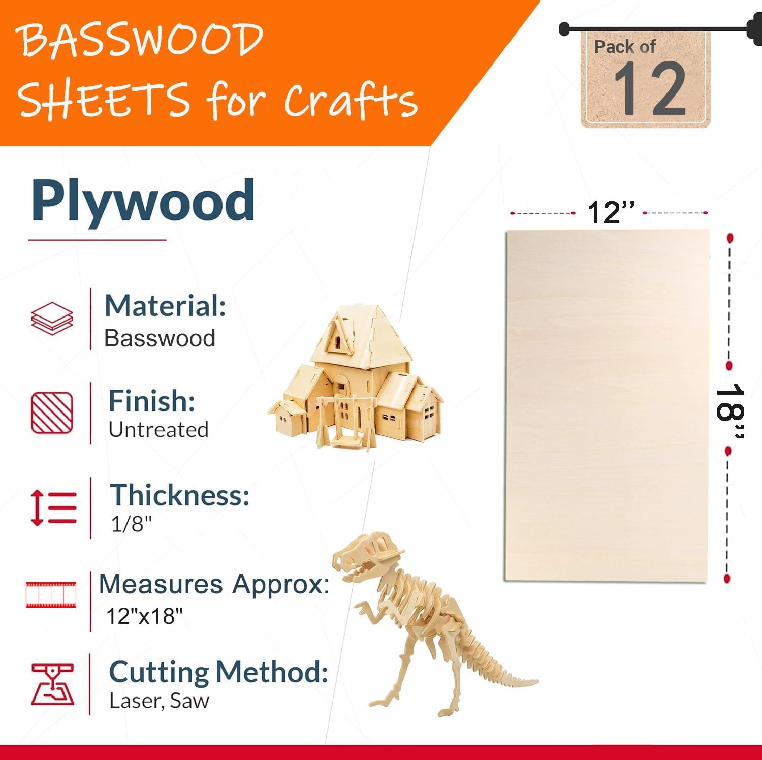 12 Pack Basswood Sheets 12"x18"x1/8" for Crafts - 3mm Unfinished Wood Plywood Crafts, Ideal for DIY Ornaments, Engraving, Staining, Model Carving, Burning, Laser Cutting,Balsa Wood Sheet