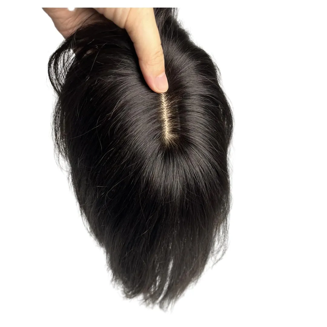 12x14 Lace Base Human Hair Toppers Invisible Middle Part Natural Hairpiece with Wispy Air Bangs Clip In Hair Extension 220% Density (#1B, 8 inch)