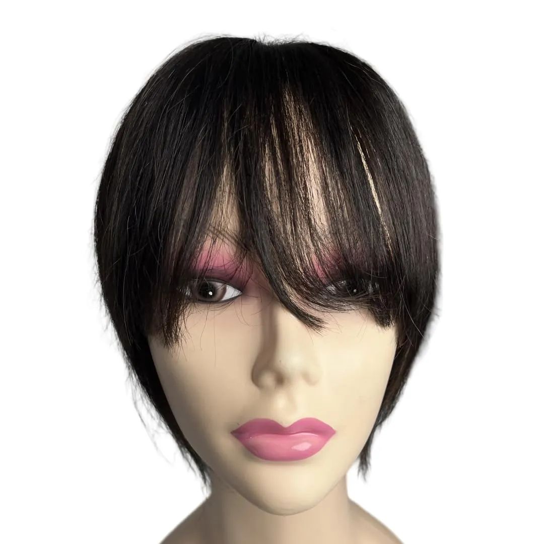12x14 Lace Base Human Hair Toppers Invisible Middle Part Natural Hairpiece with Wispy Air Bangs Clip In Hair Extension 220% Density (#1B, 8 inch)