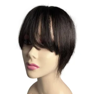 12x14 Lace Base Human Hair Toppers Invisible Middle Part Natural Hairpiece with Wispy Air Bangs Clip In Hair Extension 220% Density (#1B, 8 inch)