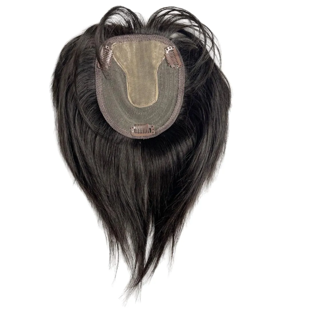 12x14 Lace Base Human Hair Toppers Invisible Middle Part Natural Hairpiece with Wispy Air Bangs Clip In Hair Extension 220% Density (#1B, 8 inch)