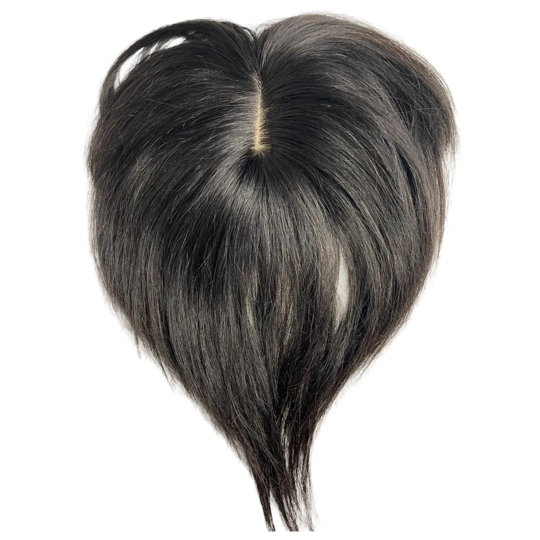 12x14 Lace Base Human Hair Toppers Invisible Middle Part Natural Hairpiece with Wispy Air Bangs Clip In Hair Extension 220% Density (#1B, 8 inch)
