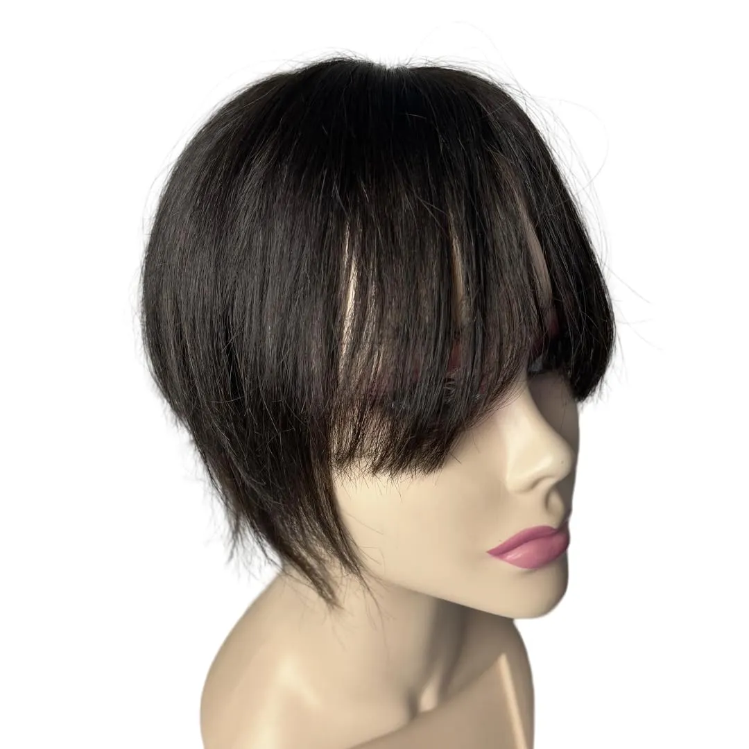 12x14 Lace Base Human Hair Toppers Invisible Middle Part Natural Hairpiece with Wispy Air Bangs Clip In Hair Extension 220% Density (#1B, 8 inch)