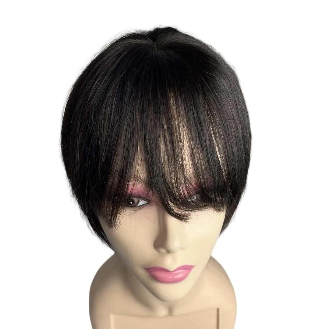 12x14 Lace Base Human Hair Toppers Invisible Middle Part Natural Hairpiece with Wispy Air Bangs Clip In Hair Extension 220% Density (#1B, 8 inch)