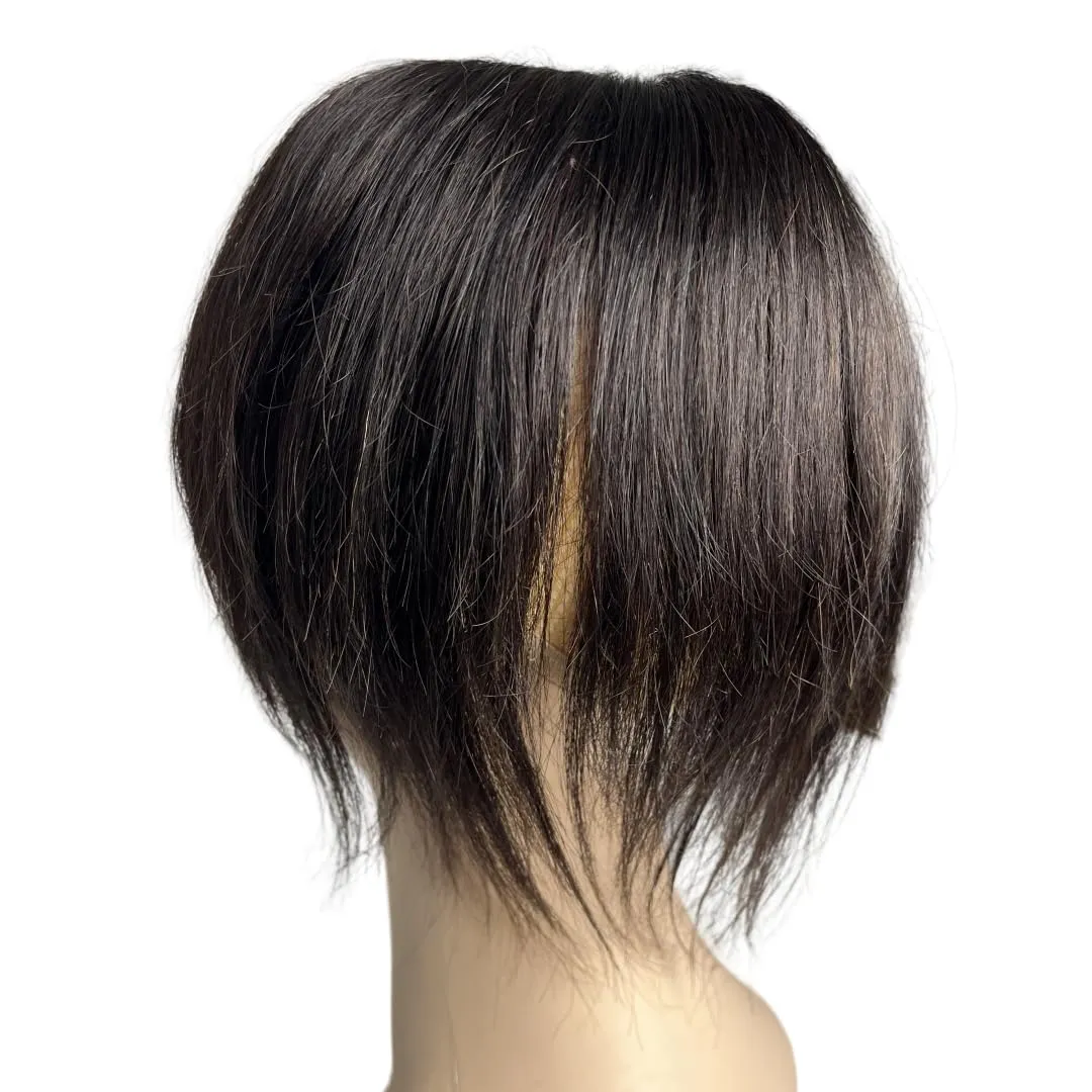 12x14 Lace Base Human Hair Toppers Invisible Middle Part Natural Hairpiece with Wispy Air Bangs Clip In Hair Extension 220% Density (#1B, 8 inch)