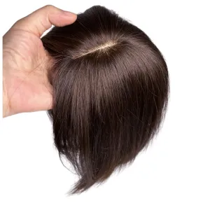 12x14 Lace Base Human Hair Toppers Invisible Middle Part Natural Hairpiece with Wispy Air Bangs Clip In Hair Extension 220% Density (Dark Brown, 8 inch)