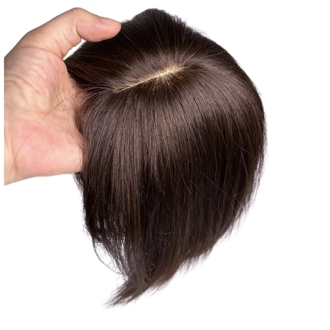 12x14 Lace Base Human Hair Toppers Invisible Middle Part Natural Hairpiece with Wispy Air Bangs Clip In Hair Extension 220% Density (Dark Brown, 8 inch)