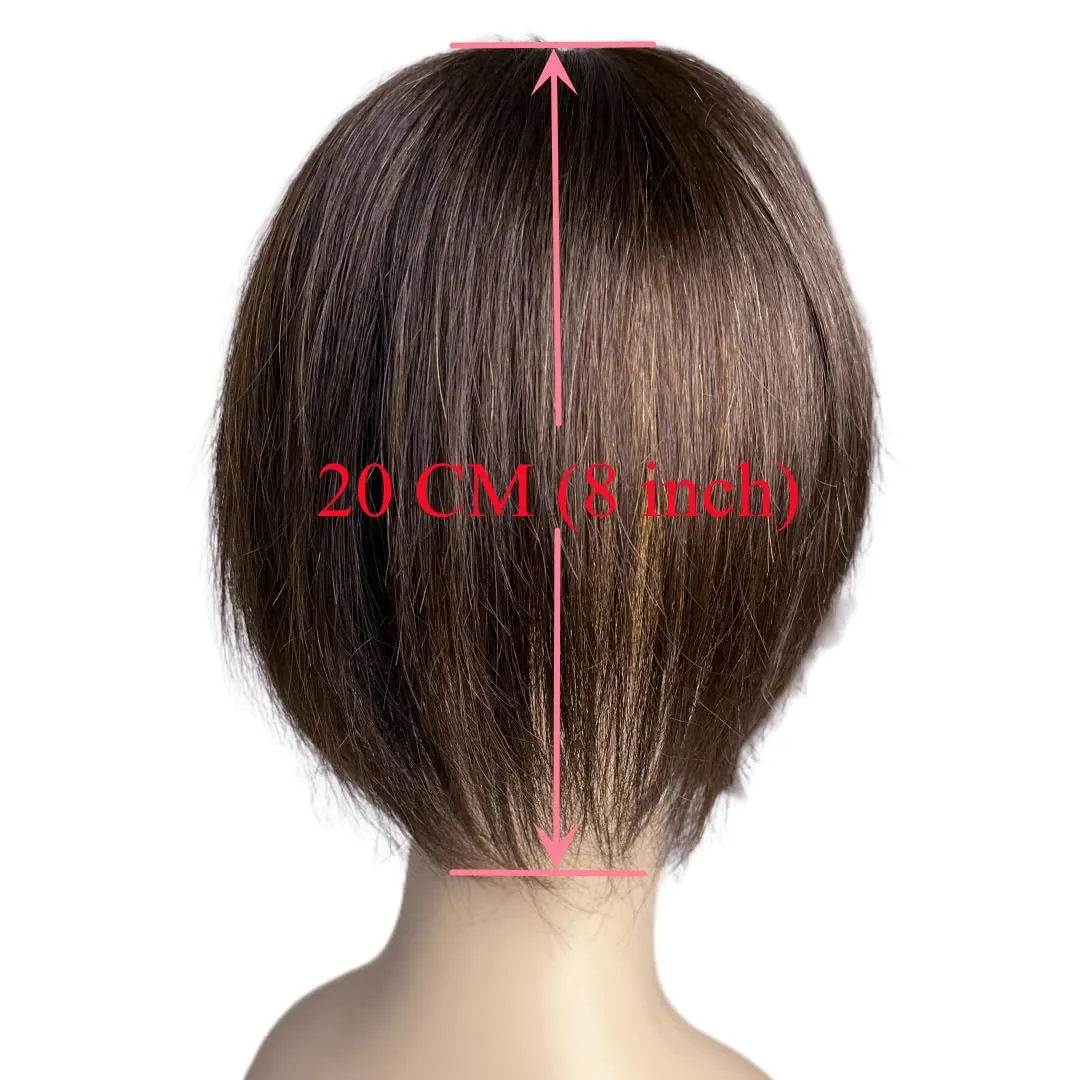 12x14 Lace Base Human Hair Toppers Invisible Middle Part Natural Hairpiece with Wispy Air Bangs Clip In Hair Extension 220% Density (Dark Brown, 8 inch)
